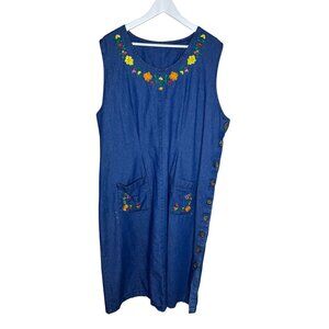 Vintage 90s Denim Jumper Dress, Embroidered Flowers, Coastal Grandma, XL